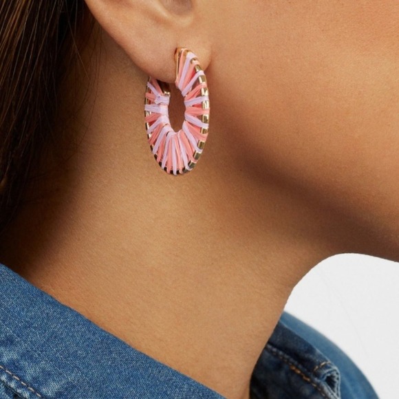 ANTHROPOLOGIE x BaubleBar Blue Boho Raffia Gold Hoop Earrings Beach Summer - Picture 9 of 9